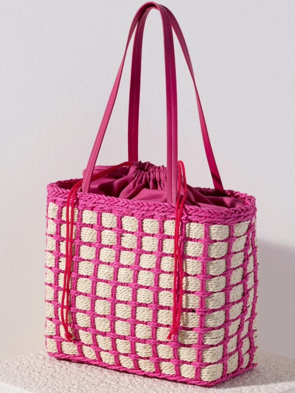New Shiraleah Juanita Pink Straw & Cotton Tote